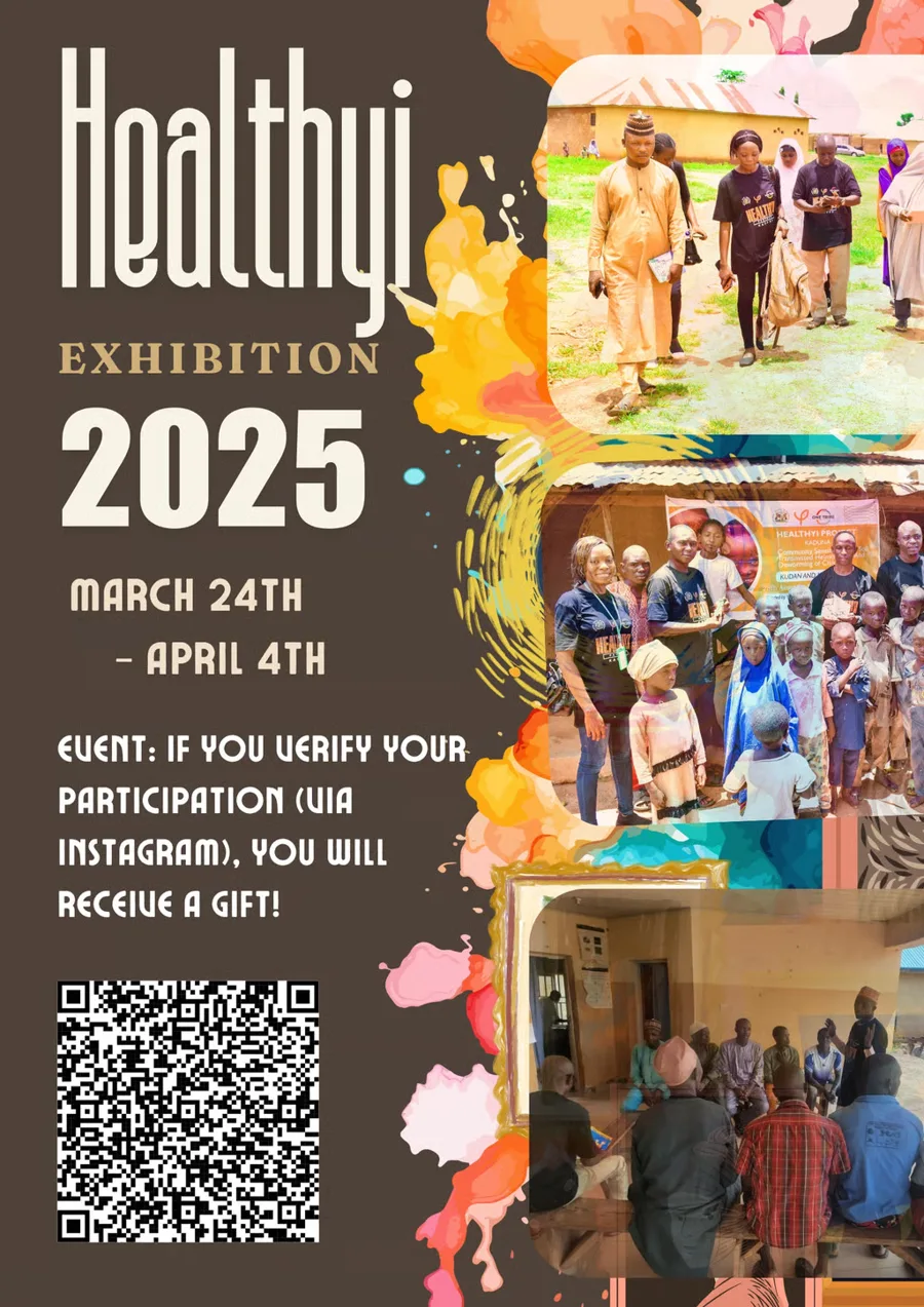 Healthyi Exhibition 2025 poster: March 24 to April 4. Verify your participation on Instagram to receive a gift.